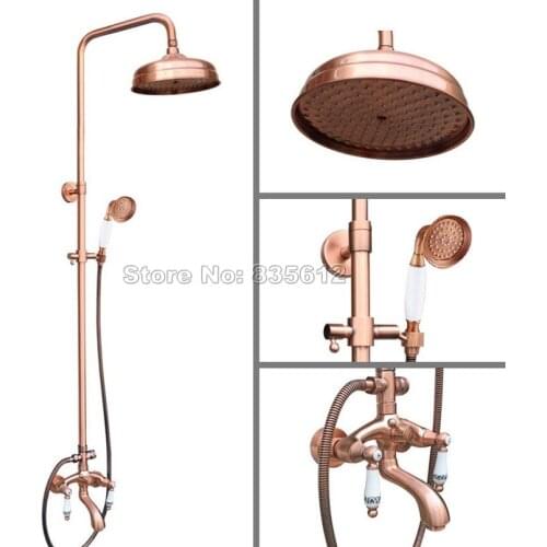 8" inch Shower Head Rain Shower Faucet Set Antique Red Copper / Dual Ceramic Handle Bathroom Tub Mixer tap Wall Mount Wrg534