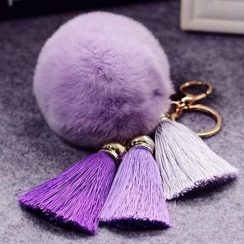 Fancy&Fantasy 100% REAL Rabbit Fur Ball Plush Fur Key Chain POM POM Keychain With 3 Fancy Tassel Pompom Car Bag Keychain ZKTPP