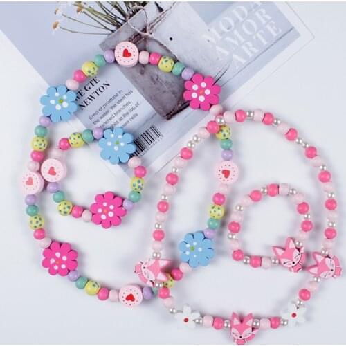 New Cute Cartoon Wooden Flower Animal Child Sweater Necklace Bracelet Girls Gifts Children Jewelry for Party Birthday Gifts