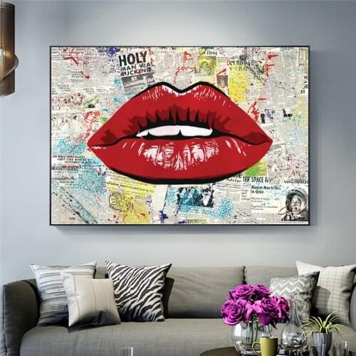 Sexy Red Lips Woman Posters and Prints Old Newspaper on Canvas Painting Wall Art Lips Picture for Girls Bedroom Home Decor