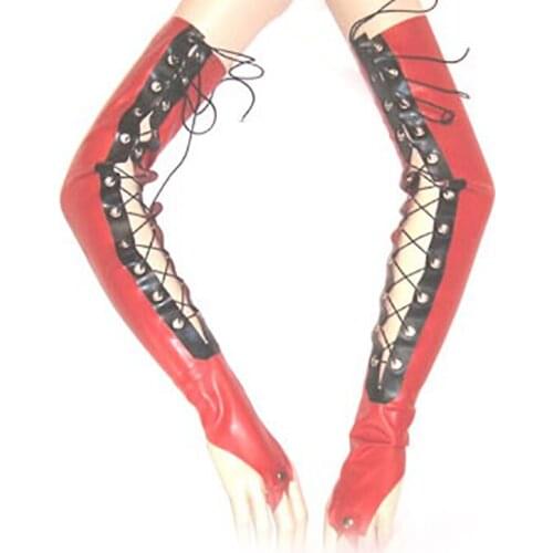 Sexy new design exotic lingerie unisex women men latex rubber lacing long arm wrist open hand gloves cekc zentai fetish costume