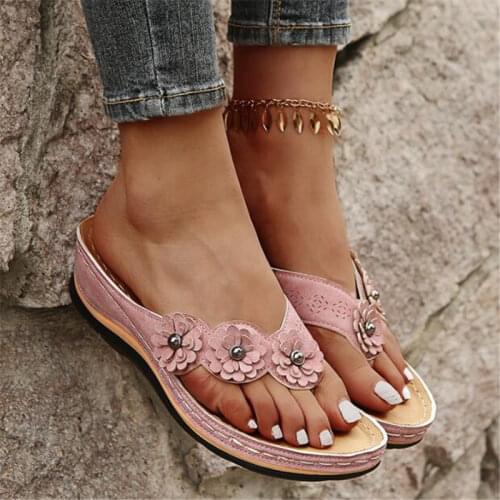 Slippers Women Summer New 2021 PU Sewing Thong Sandals Vintage Women Shoes Wedge Platform Flip Flops Female Heels Slipper Mujer