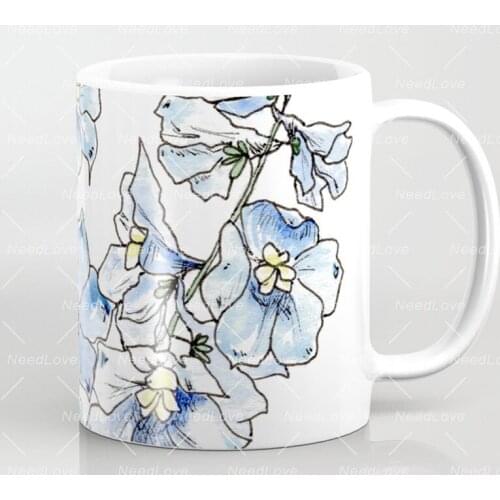 Blue Delphinium Flowers Coffee Mug White Kitchen Ceramic Water Cup Creative Gift Coffee Tea Milk Mugs