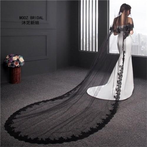 Black Fashion voile mariage Lace Edge Two-tie 2021Real Images Tulle Long Wedding Veil with Metal Comb