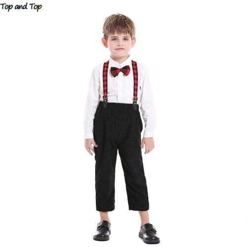 Top and top New 2021 Infant Baby Boy Formal Outfits Long Sleeve Cotton Shirt with Bow tie+Overalls Casual Gentleman Suits Tuexdo