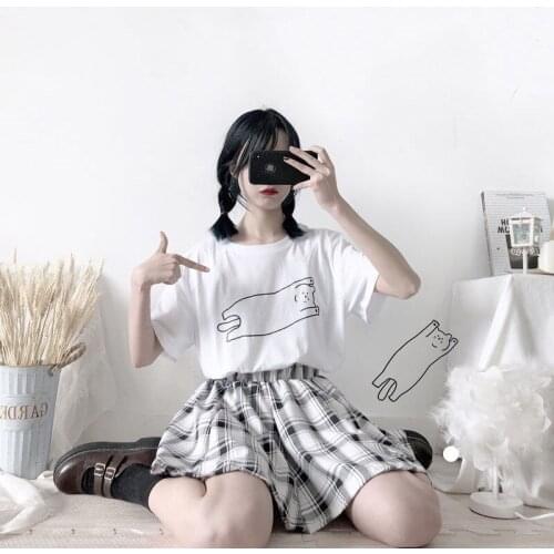 Janpanese New Kawaii Women Sets Cute White Crop Tops Pleated Skirt Suit Harajuku T-shirt High Waist A-Line Plaid Skirts Set 2XL
