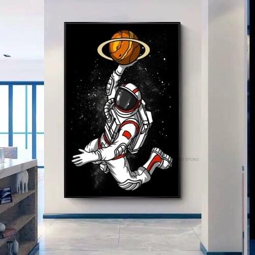 Fun Art Astronaut Playing Basketball In Space Canvas Painting Posters and Prints Wall Art Pictures for Living Room Decoration