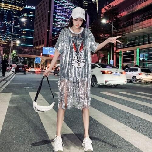 Ins Europe Celebrity SS 2021 Womens Sequined Tassels T-Shirt Rabbit Sequins Bunny Long Tee Hip Hop Girls Loose Dress Street