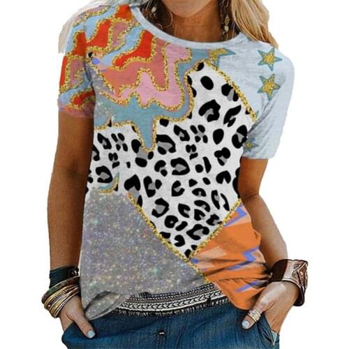 Summer Women T-shirt Round Neck Color Block Leopard Print Short Sleeve Plus Size Loose Comfortable Streetwear Zomerfeest