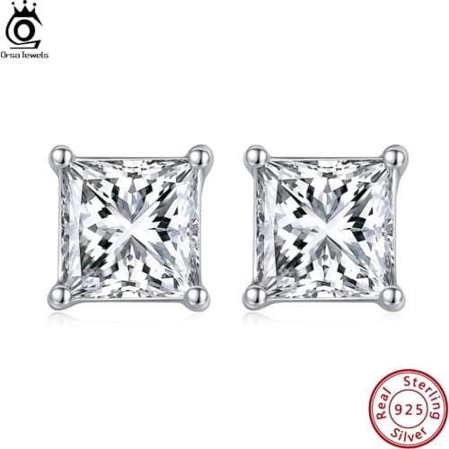 ORSA JEWELS Genuine Moissanite Earrings DE Color Brilliant Princess Cut Stud Earring for Women Anniversary Wedding Gift SME16