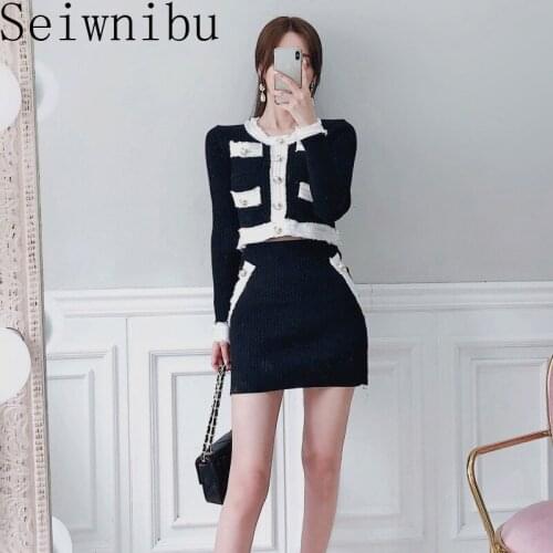 Women Autumn Knitted Set Design Fashion Button Long Sleeve Tops + High Waist Skirt Korean Chic Elastic Two Pieces Set