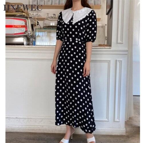 Summer New 2020 Long Dress Women Korean Style Cotton Ladies Dress Lace Lapel Stitching Dot Women Clothing U596