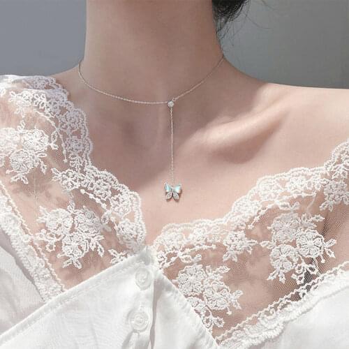 ANENJERY Delicate 925 Sterling Silver Natural Shell Butterfly Necklace For Women Tassel Chain Necklace Adjustable S-N655