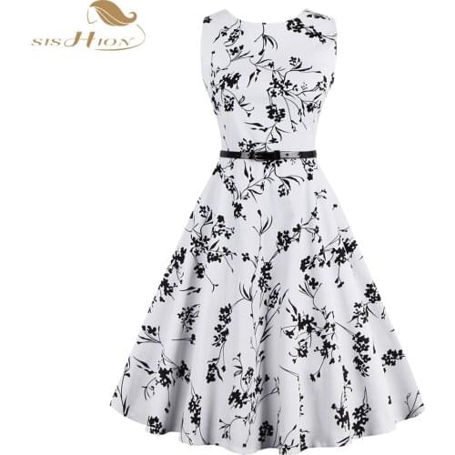 S-4XL Plus Size Women Summer Dress White and Black Floral Vintage Dress 50s 60s Rockabilly Swing Pinup Sexy Party Dresses VD0265