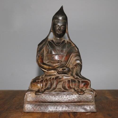9" Tibet Buddhism Old Bronze Lacquer Cinnabar Tsongkhapa Tibetan Buddha Sitting Buddha Buddhist theorists Enshrine the Buddha