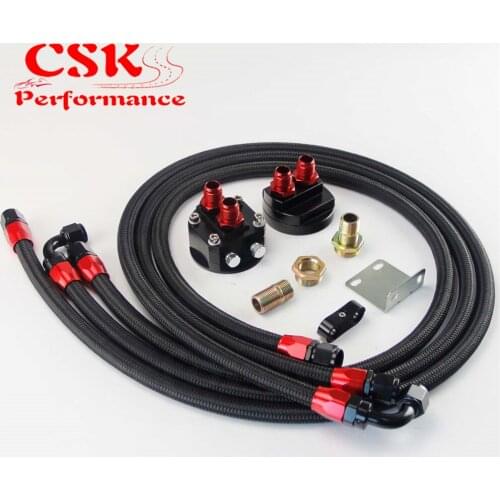 AN8 Oil Filter Sandwich Adapter + AN8 Nylon Braided or SS Braided Hose Kit Black / Blue