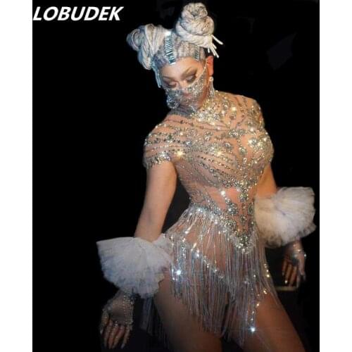Shining Rhinestones Tassel Dance Dress Gloves Sexy Mesh Transparent Crystals Leotard Singer Dancer Stage Wear Nightclub Costume