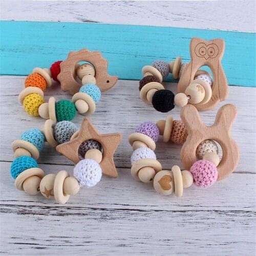 Wooden Rattle Teether Baby Toys Engraved Wood Beads Hexagon Teether Silicone Beads 12Mm Tiny Rod Baby Crib Rattle