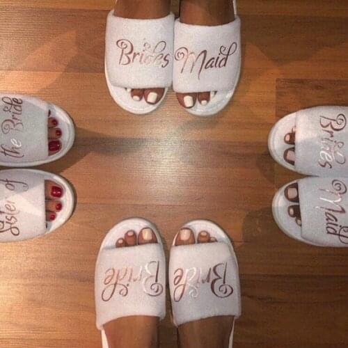 Elegant rose gold wedding Team Bride to be party gifts custom name Maid of honor Bridesmaid slippers mother of bride slippers