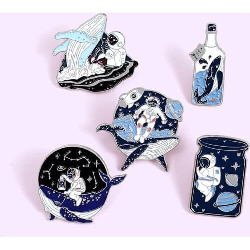Astronaut space universe Enamel Pin whale galaxy Brooch Bag Clothes Lapel Pin Sasha Away Badge Cartoon Jewelry Gift For Kids