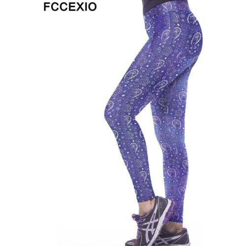 FCCEXIO New Women Printed Pants Bandana Blue High Elastic Fashion Sposting Women High Elastic Leggings Trousers Leggins Fitness