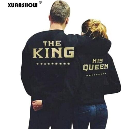 XUANSHOW KING QUEEN Letters Print Men Women Lovers Couple Fleece Autumn Winter Hoodies Sweatshirts