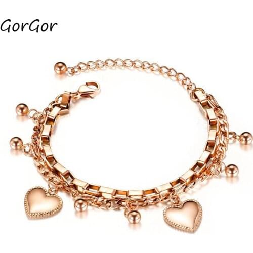 GorGor Women Bracelets Heart Shape Chains Titanium Steel Beads Bohemia Lobster Metal Buckle Ladies Fashion Hand Accessories 1038