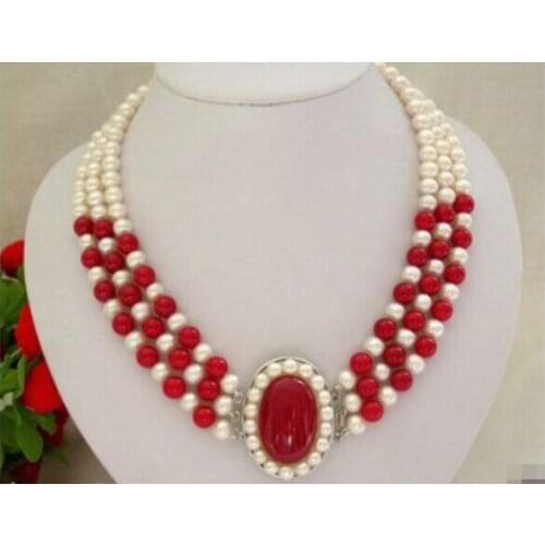 Classic 3rows 7--8mm round white freshwater pearls red bead necklace Genuine 18inch for Wedding women Jewelry Free ship