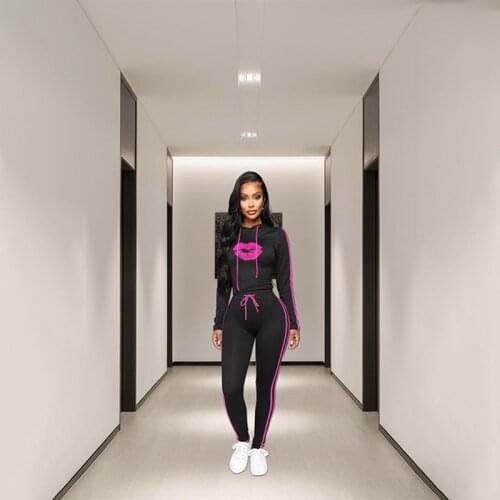 TNNAOFF New Popular Lip Print Two Piece Hooded Tracksuits Women Set Long Sleeve Coats Sexy Sweatpants Lounge Wear Matching Sets