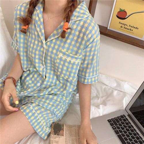 Sweet Pajama Women Nightwear Grid Printed Summer Short Sleeve Sleepwear Trendy Leisure Korean Style Shorts Homewear Suit PJs