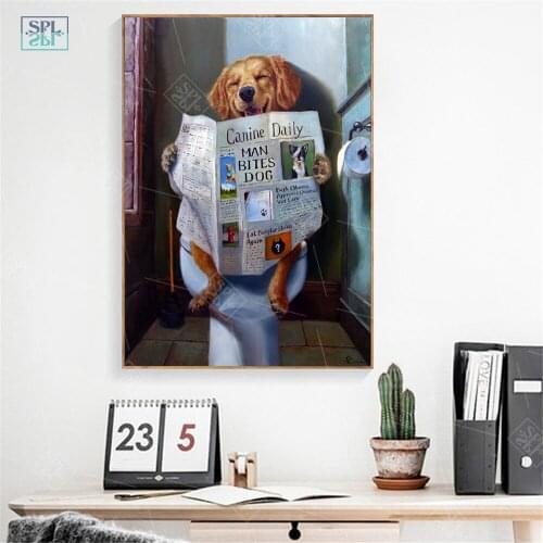 Cute Posters And Prints Bathroom Room Decor Wall Art Prints Funny Dog Toilet Reading Paper Home Decoration Nordic Canvas Art