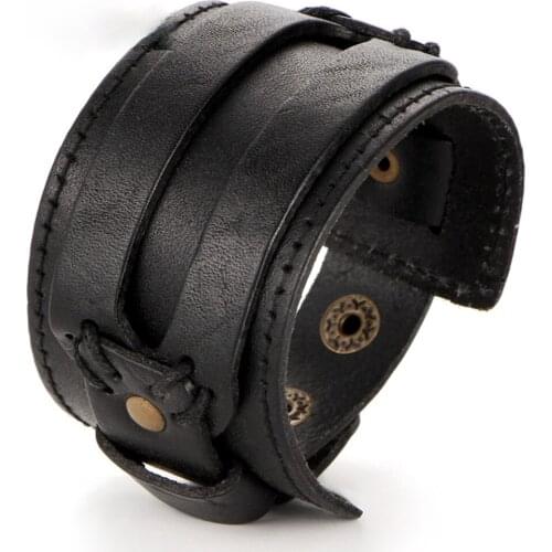 Fashion Men Leather Bracelet Open Cuff Rope Bangles & Bracelet Double Wide Black Brown Color Vintage Punk Unisex Jewelry