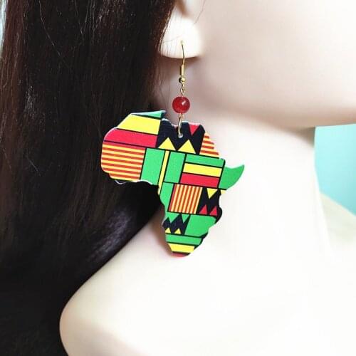 New Big Africa Shape Printing Drop Earrings Asymmetric Wood Party Dancing Earrings Personality Gifts Women Party Wooden Jewelry