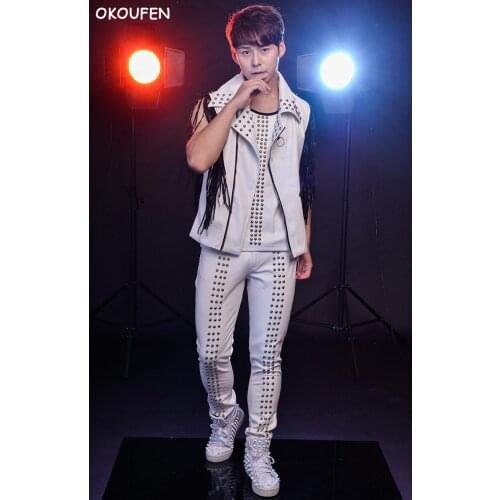 New Style Men Cool Fashion Rivets Tassel Leather Jacket Suits Costumes Nightclub Bars Male singers dancer Stage dance wear