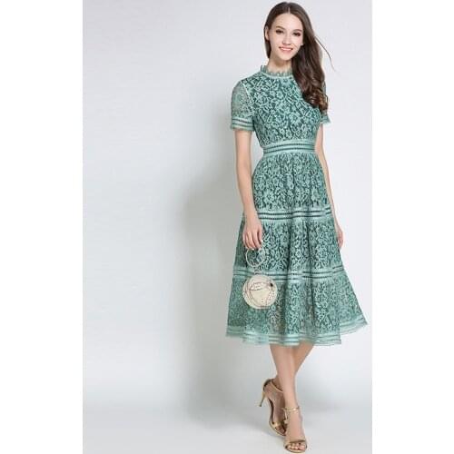 2020 Summer Women High Quality Elegant Slim Hollow Out A-line Lace Midi Dress self portrait dress vestidos green white pink