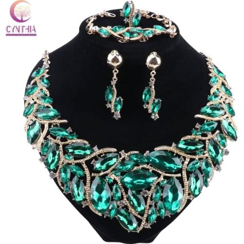 CYNTHIA Luxury Green Colour Crystal Necklace Earrings Jewelry Sets Party Wedding Accessories Indian Bridal Costume Jewellery