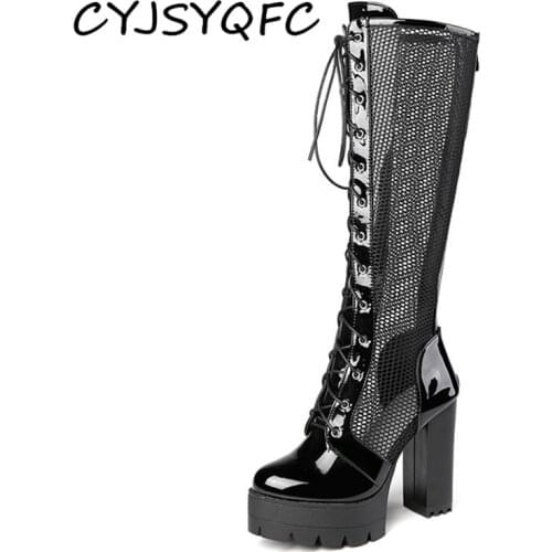 CYJSYQFC Spring Autumn Sexy Patent Leather Round Toe Back Zipper Platform Women Boots Cool Breathable Knee High Mesh Women Boots