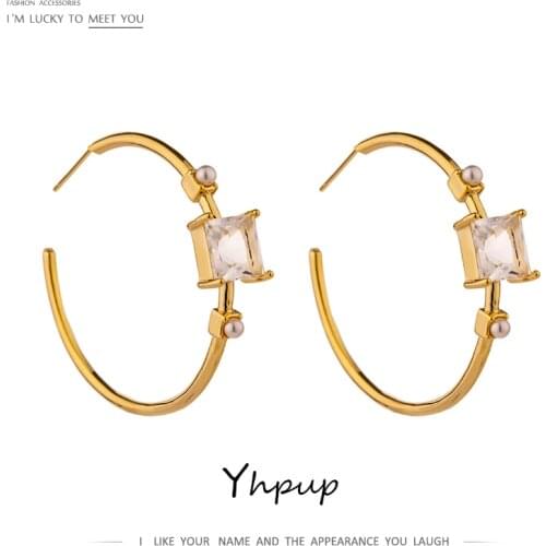 Yhpup Stylish Round Metal Hoop Earrings Delicate Shiny Cubic Zirconia Jewelry Elegant Imitation Pearls Copper Earrings Gift New