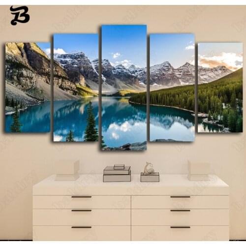 Modern Natural Scenery Wall Pictures Home Decoration 5 Pieces Canvas Painting for Wall Art Decor Lake Blue Sky and Mountain