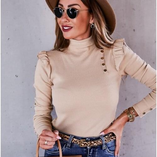 Women Autumn Winter Fashion Sweaters Button Ruffles Decor High Collar Long Sleeve Solid Slim Pullovers Knitted Office Sweaters