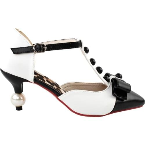 LF60411 White Black Leopard Print T-Strap D-orsay Evening Pointed Toe Pear Heel Pumps