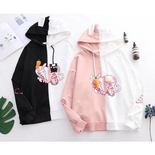 Cute Rabbit&Cat Fall Winter Womens Hoodies Thicken Warm Pullovers Long Hooded Patchwork Tops Cute Black & White & Pink
