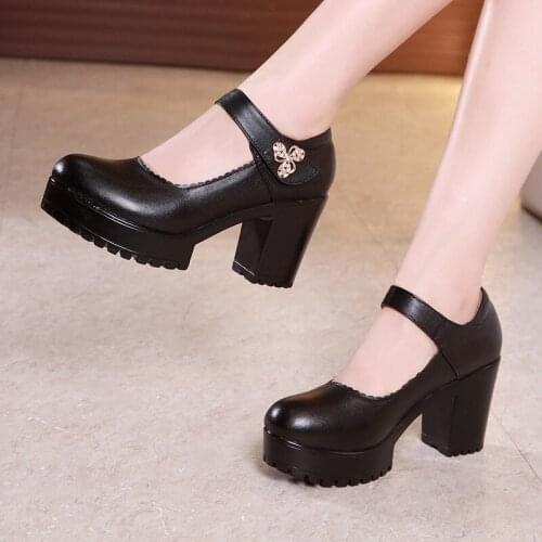 Round head black 8cm high heel model cheongsam catwalk shoes female thick with thick platform waterproof platform with a shallow