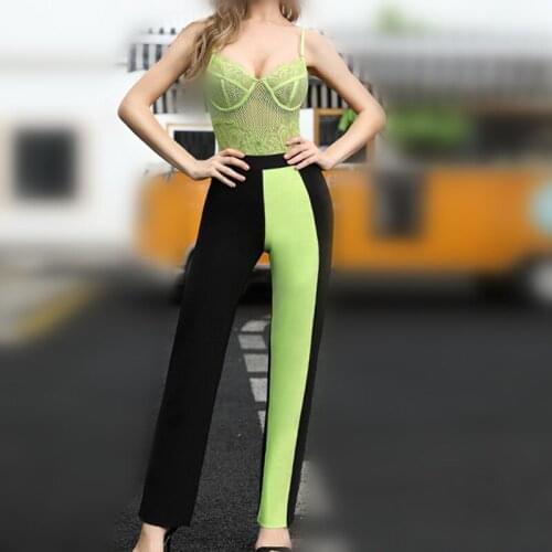 Summer Autumn Black with Green Hot Bandage Lace Two Piece Sets Lady Tops And Pants Matching Bodysuit Pants Set Women New Fashion