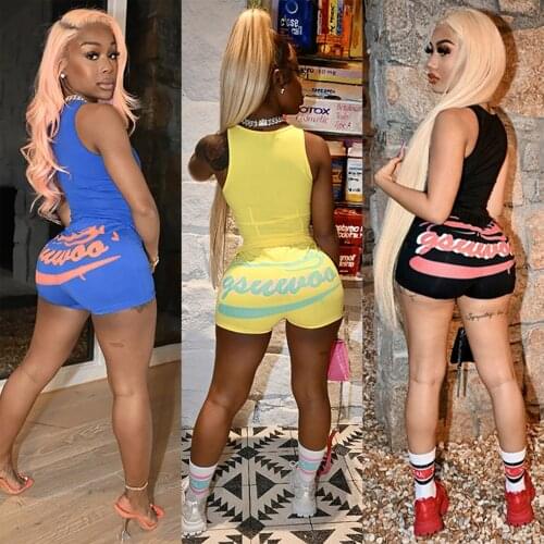 2021 Summer Women 2 Pieces Sport Suit Set Fashion Female Solid Color Round Neck Sleeveless Tops Letter Print Short Sets New