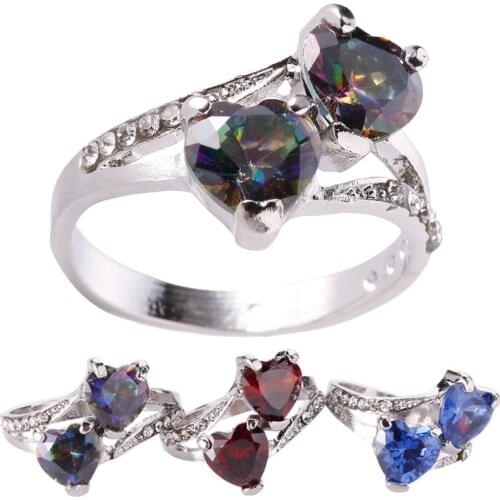 Fashion Women Luxury Cubic Zirconia Rhinestone Inlaid Double Love Heart Ring