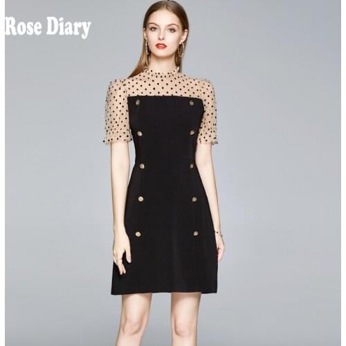 RoseDiary Women Vintage Elegant Button Decor Black Office Work Dress Polka Dot Patchwork Summer Casual Street Dress Vestidos ZA