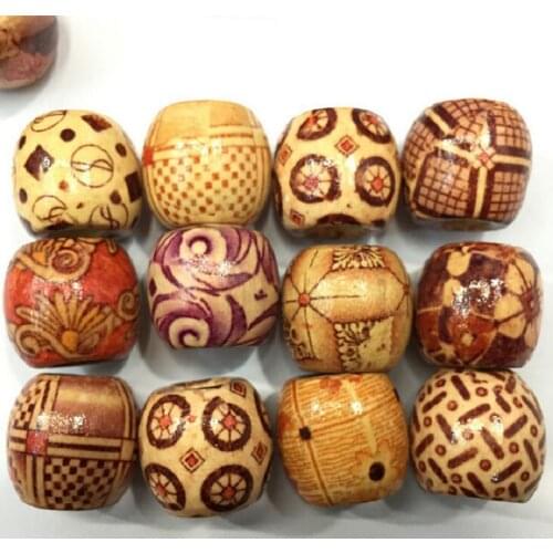 100PC Mix Wooden Bead Tribal Patterned Wood Beads Macrame For DIY Jewelry Making