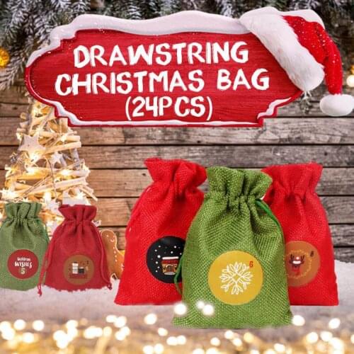 24PCS Drawstring Christmas Sticker Bag Advent Calendar 24Days Hanging Candy with DIY Sacks Reusable Xmas Countdown Decorations