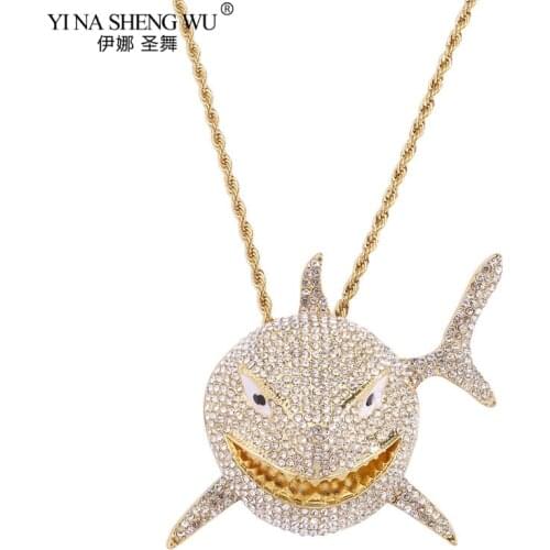Fashion Hip Hop Rock Style Out Shark Necklace Luxury Zinc Alloy Bling Cuban Link Chain Pendant Necklace For Men Hip Hop Jewelry